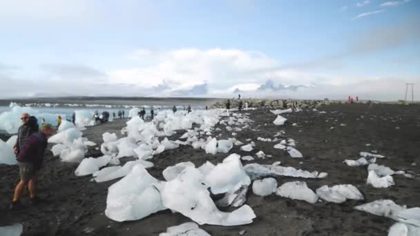 Diamond Beach Iceland September Icebergs Black Volcanic Beach Chunk Ice — Stockvideo
