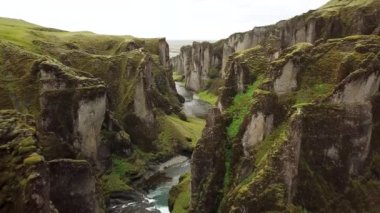Aerial drone footage of Fjadrargljufur Canyon in Iceland. Stunning view of river canyon and landscape In South East Iceland. High quality 4k footage