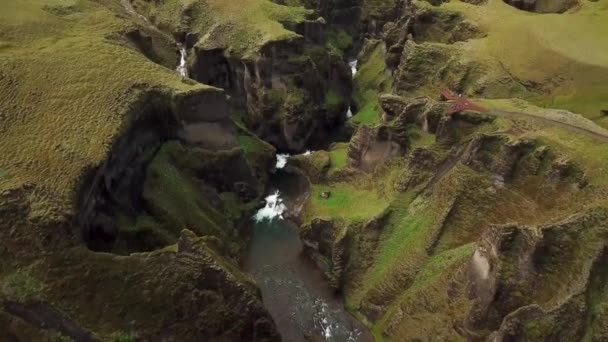 Aerial Drone Footage Fjadrargljufur Canyon Iceland Stunning View River Canyon — ストック動画