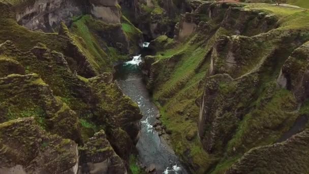 Aerial Drone Footage Fjadrargljufur Canyon Iceland Stunning View River Canyon — Vídeo de Stock