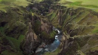 Aerial drone footage of Fjadrargljufur Canyon in Iceland. Stunning view of river canyon and landscape In South East Iceland. High quality 4k footage