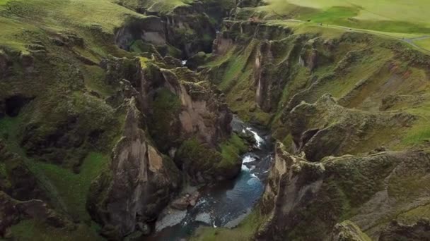 Aerial Drone Footage Fjadrargljufur Canyon Iceland Stunning View River Canyon — Stock Video
