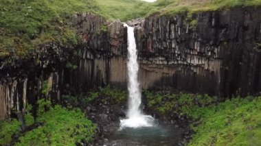 İzlanda 'daki Vatnajokull yakınlarında bazalt sütunlu Svartifoss şelalesinin hava aracı görüntüleri. Yüksek kalite 4k görüntü.