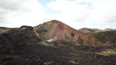 Landmannalaugar 'ın etrafındaki muhteşem dağların olduğu bir İzlanda manzarasının 4K sinematik hava aracı görüntüleri. İzlanda 'da gökkuşağı dağları. Blahnjukur ve Laugahraun. Yosun kaplı lav alanları, İzlanda