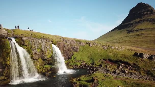 Aerial Drone Footage Kirkjufell Mountain Waterfall Snaefellsnes Peninsula Summer High — Stock video
