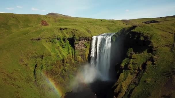 Luchtfoto Drone Beelden Van Skogafoss Waterval Met Een Regenboog Het — Stockvideo
