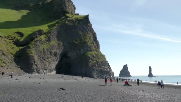 冰岛维克 4月24日 冰岛维克附近的黑沙滩上的岩石和悬崖 含玄武岩柱的玄武岩洞 — 图库视频影像