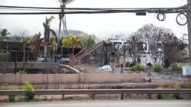 Lahaina 'nın etrafındaki Maui yangınları yıkıcı. Lahaina, Maui, Hawaii 'de rüzgârla savrulan orman yangını. Yol kapalı. Yangından sonra şehir. Yanmış evler. 4K görüntü.