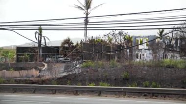 Lahaina 'nın etrafındaki Maui yangınları yıkıcı. Lahaina, Maui, Hawaii 'de rüzgârla savrulan orman yangını. Yol kapalı. Yangından sonra şehir. Yanmış evler. 4K görüntü.