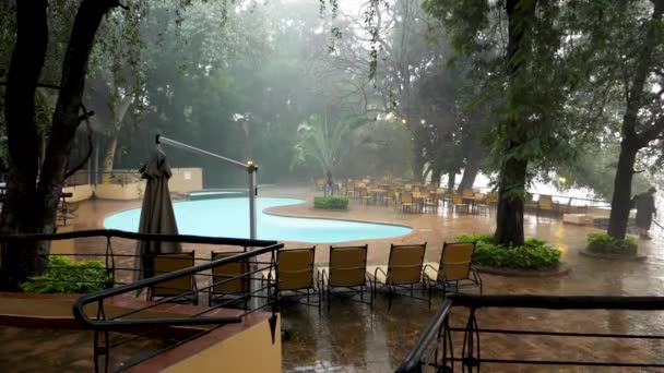 Piogge Abbondanti Rallentatore Nella Loggia Africana Cadute Gocce Pioggia Rallentatore — Video Stock