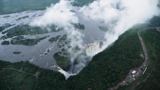 Arial Kilátás Helikopter Nagy Victoria Falls Vízesés Zimbabwe Határán Zambia — Stock videók