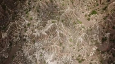 Güney Amerika, Kolombiya 'daki Tatacoa çölündeki gri çölün insansız hava aracı görüntüleri. Gri çöl. Arid gri ve yeşil kanyon. Çölün üzerinde uçmak. Yüksek kalite 4k görüntü.