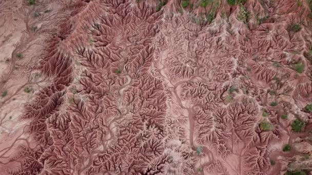 在哥伦比亚和南美洲的塔卡科亚沙漠上空拍摄的无人驾驶飞机镜头 干燥的红土峡谷 无人机靠近岩石飞行 飞越沙漠 高质量的4K镜头 — 图库视频影像