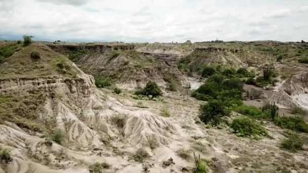 南アメリカのコロンビアのタタカオ砂漠の灰色の砂漠の航空無人機の映像 灰色の砂漠 アリッドグレーとグリーンキャニオン 砂漠の上を飛んでいる 高品質の4K映像 — ストック動画