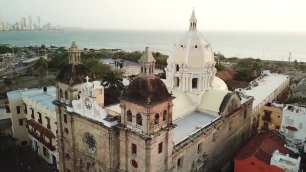 Cartagena Colombia Drone Shot Del Casco Antiguo Cartagena Con Santuario — Vídeos de Stock