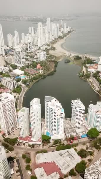 Bocagrande Cartagena Kolumbia Drone Shot Modern Waterfront Épületek Szállodák Karib — Stock videók