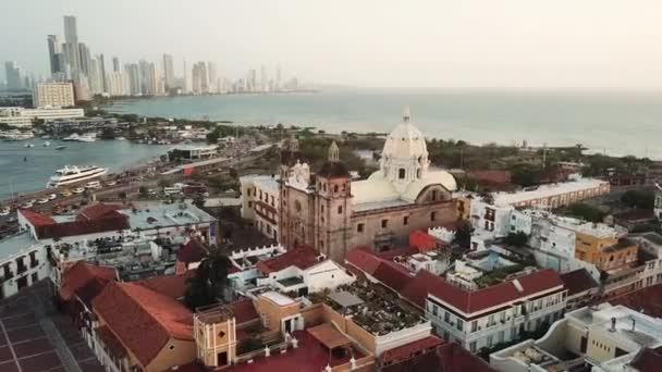 Cartagena Colombia Drone Shot Del Casco Antiguo Cartagena Con Santuario — Vídeo de stock