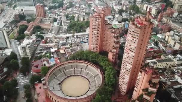 Drone Aéreo Filmado Centro Bogotá Com Santamaria Bullring Plaza Toros — Vídeo de Stock