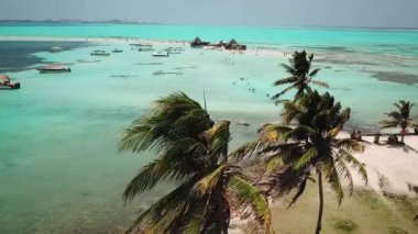 San Andres, Kolombiya, Latin Amerika 'daki tropik bir adanın insansız hava aracı görüntüleri. Egzotik Kolombiya adası. Yedi renk denizi. Turkuaz renkli kumsalı ve palmiye ağaçları olan beyaz kum. 4K.