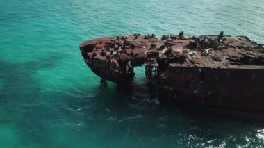 San Andres, Kolombiya, Latin Amerika yakınlarındaki bir gemi enkazının insansız hava aracı görüntüleri. Egzotik Kolombiya adası. Yedi renk denizi. Turkuaz rengi.