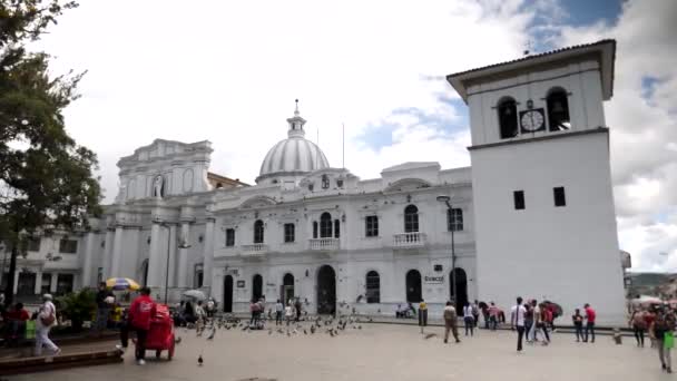 哥伦比亚波帕扬 Popayan Colombia 1月15日 哥伦比亚波帕扬白城卡尔达斯公园附近的Torre Del Reloj 鸽子从枪口飞开了 圣母院和圣母院大教堂 — 图库视频影像
