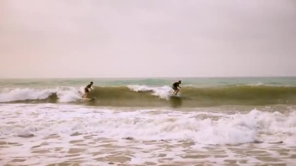 Серфери Ловлять Хвилі Пляжі Паломіно Прекрасному Заході Сонця Колумбія Серферна — стокове відео