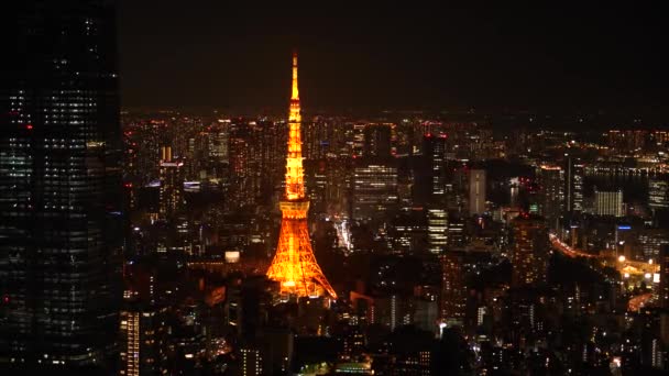 Luftaufnahme Japanischer Wolkenkratzer Von Roppongi Tokio Japan Bei Nacht Landschaft — Stockvideo