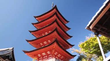Miyajima Adası, Hiroşima 'da beş katlı bir Japon tapınağı. Pagoda Geleneksel Tapınağı Japonya. Yüksek kalite 4k görüntü