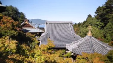 Miyajima Adası, Hiroşima 'daki Japon Budist tapınaklarının geleneksel çatısı. Japonya 'daki geleneksel tapınaklar. Yüksek kalite 4k görüntü