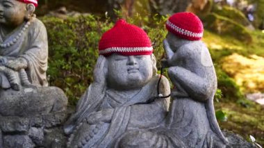 Japonya, Hiroşima 'daki Miyajima Adası' nın doğasında, bir kep ve bodhisattva ile Buda 'nın kaya heykelleri. Geleneksel Japon Budist tapınağı. Japonya 'daki geleneksel tapınaklar. Yüksek kalite 4k görüntü