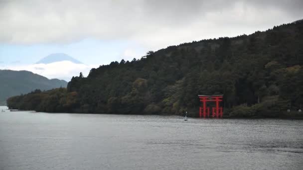Vista Monte Fuji Lago Ashi Com Portão Torii Durante Verão — Vídeo de Stock