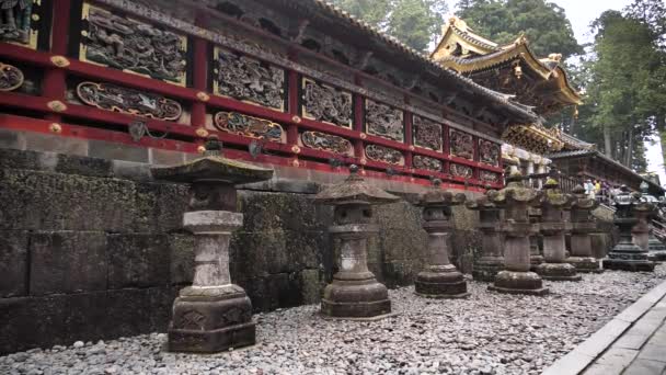 Relief Bois Sculpté Dans Les Bâtiments Historiques Sanctuaire Toshogu Lanternes — Video