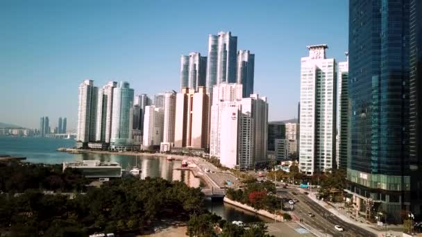 Flygfoto Över Stadsbilden Haeundae Lct Och Haeundae Stranden Skyskrapor Från — Stockvideo