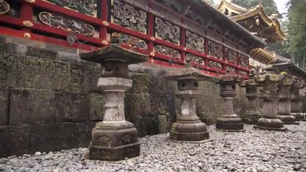 Geschnitzte Holzreliefs Historischen Gebäuden Toshogu Schrein Und Mit Moos Bewachsene — Stockvideo