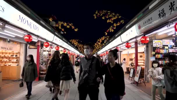Tokyo Japan Februari 2024 Turistträngsel Shoppinggata Nära Sensoji Temple Asakusa — Stockvideo