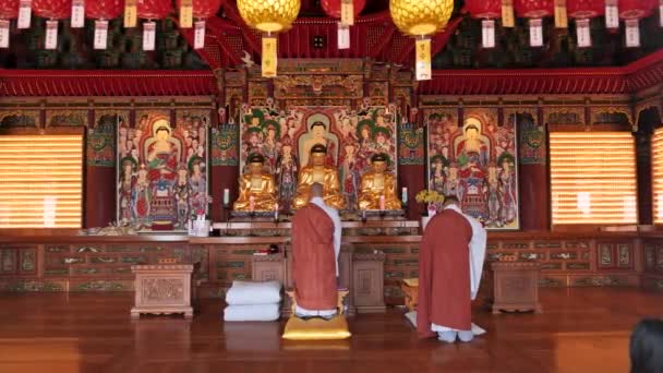 Busan Jižní Korea Února Buddhističtí Mniši Modlí Chrámu Haedong Yonggungsa — Stock video