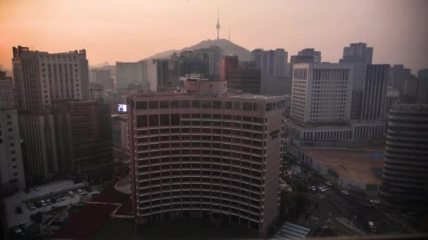 Seoul Zuid Korea Februari Zonsondergang Uitzicht Seoul Wolkenkrabbers Seoul Tower — Stockvideo