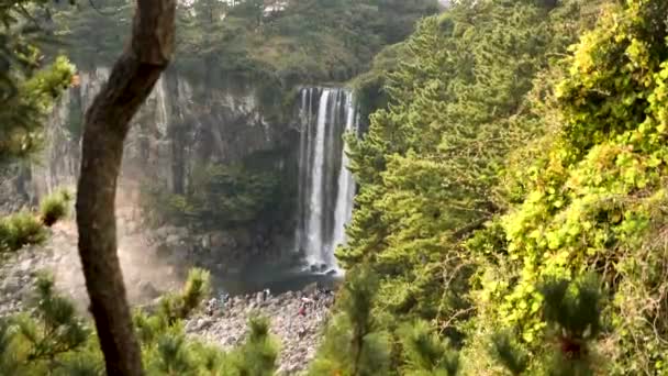 Jeongbang Wasserfall Bei Sonnenuntergang Auf Der Insel Jeju Südkorea Hochwertiges — Stockvideo