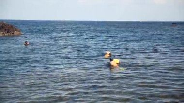 Jeju Adası, Güney Kore - 26 Nisan, 24: Haenyeo Geleneksel Kadın Dalgıçlar Jeju Adası. Güney Kore 'nin Jeju eyaletinde yaşlı kadın dalgıçlar. Yüksek kalite 4k görüntü