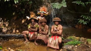 Tari, Papua Yeni Gine - 26 Mart, 25: Huli Wigmen Highland bölgesinin derinliklerinde küçük bir şelalenin yanında oturuyor. Kabile savaşçıları töreni. Papuan kabilesi dansı. Yüksek kalite 4k görüntü.