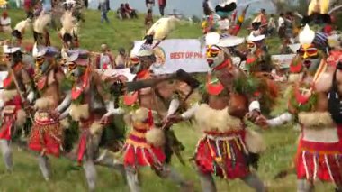 Hagen Dağı, Papua Yeni Gine - 26 Mart 25: Papuan kabile dansı. Hagen Dağı kabilesi festivali. Kültürel bir etkinlik. Yerli kostümlü yerli adamlar tek sıra halinde yürüyorlar. Yüksek kalite 4k görüntü.