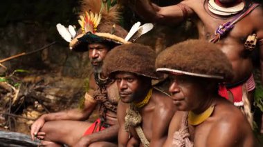 Tari, Papua Yeni Gine - 26 Mart, 25: Huli Wigmen Highland bölgesinin derinliklerinde küçük bir şelalenin yanında oturuyor. Kabile savaşçıları töreni. Papuan kabilesi dansı. Yüksek kalite 4k görüntü.