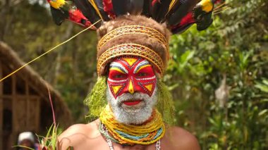 Goroka, Papua Yeni Gine - 26 Nisan 25: Papuan kabile dansı. Kabile festivali. Goroka Şovu. Kültürel bir etkinlik. Yerli kostümlü yerli adamlar. Yüksek kalite 4k görüntü.