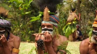 Goroka, Papua Yeni Gine - 26 Nisan 25: Papuan kabile dansı. Kabile festivali. Goroka Şovu. Kültürel bir etkinlik. Yerli kostümlü yerli adamlar. Yüksek kalite 4k görüntü.