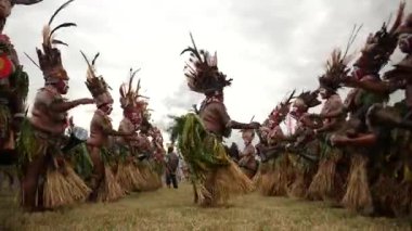 Hagen Dağı, Papua Yeni Gine - 26 Nisan, 25 Nisan: Hagen Dağı kabilesi festivali. Kültürel bir etkinlik. Yerli kadınlar ve erkek kostümleri içinde daireler çizerek dans ediyorlar. Yüksek kalite 4k görüntü.