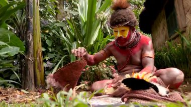 Tari, Papua Yeni Gine - 26 Mart 25: Huli Wigmen Highland bölgesinin derinliklerinde. Kabile savaşçıları töreni. Papuan kabilesi dansı. Yüksek kalite 4k görüntü.