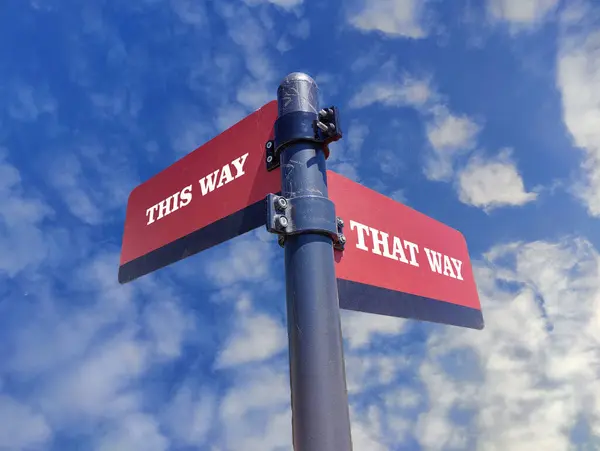 This Way vs That Way. White two street signs with arrow on metal pole with word. Directional road. Crossroads Road Sign, Two Arrow. Blue sky background. Two way road sign with text.
