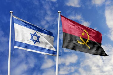 Üç boyutlu illüstrasyon. İsrail ve Angola bayrağı gökyüzünde dalgalanıyor. Yüksek detaylı el sallama bayrağı. 3 boyutlu görüntüleme. Gökyüzünde el sallıyor. Bulutlu gökyüzünde bayraklar dalgalanıyor.
