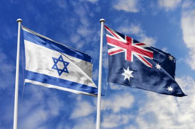 Üç boyutlu illüstrasyon. İsrail ve Avustralya bayrağı gökyüzünde dalgalanıyor. Yüksek detaylı el sallama bayrağı. 3 boyutlu görüntüleme. Gökyüzünde el sallıyor. Bulutlu gökyüzünde bayraklar dalgalanıyor.