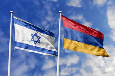 Üç boyutlu illüstrasyon. İsrail ve Ermenistan bayrağı gökyüzünde dalgalanıyor. Yüksek detaylı el sallama bayrağı. 3 boyutlu görüntüleme. Gökyüzünde el sallıyor. Bulutlu gökyüzünde bayraklar dalgalanıyor.